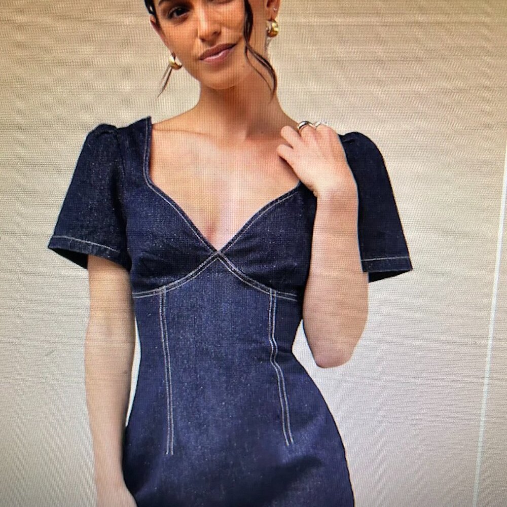 Lulus Dress Dreamy Strolls Dark Wash Short Sleeve Denim Mini Dress